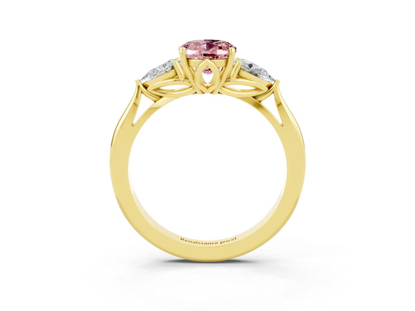Yellow gold Three-Stone Oval Cut Cut Diamond Ring with Pear Side Stones in Four-Prong Setting