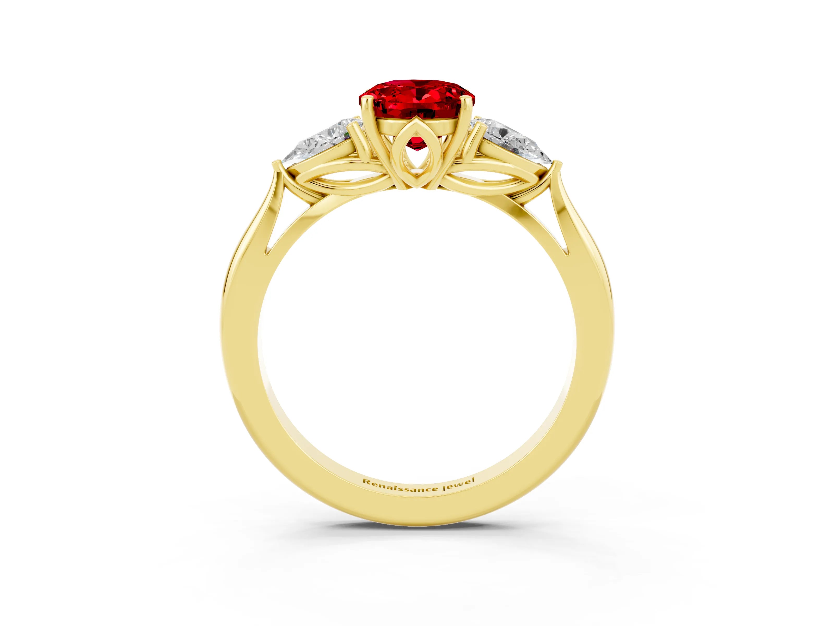 Yellow gold Three-Stone Oval Cut Cut Diamond Ring with Pear Side Stones in Four-Prong Setting_3