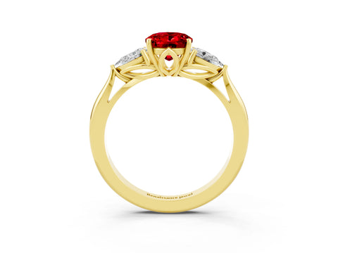Yellow gold Three-Stone Oval Cut Cut Diamond Ring with Pear Side Stones in Four-Prong Setting_3