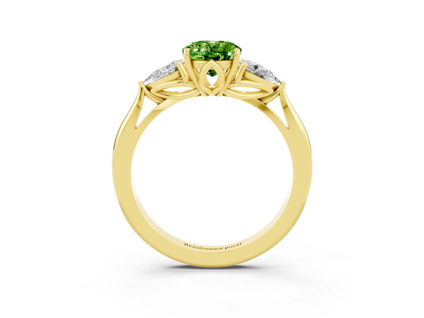Yellow gold Three-Stone Oval Cut Cut Diamond Ring with Pear Side Stones in Four-Prong Setting