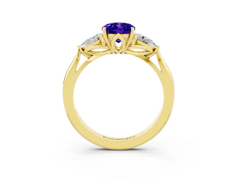 Yellow gold Three-Stone Oval Cut Cut Diamond Ring with Pear Side Stones in Four-Prong Setting_3