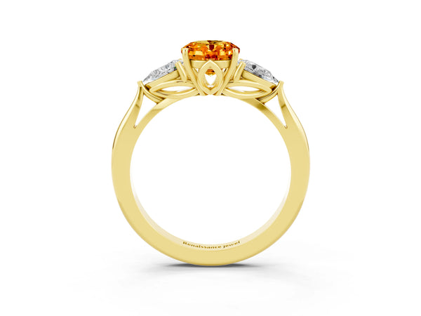 Yellow gold Three-Stone Oval Cut Citrine Ring with Pear  Side Stones in Four-Prong Setting