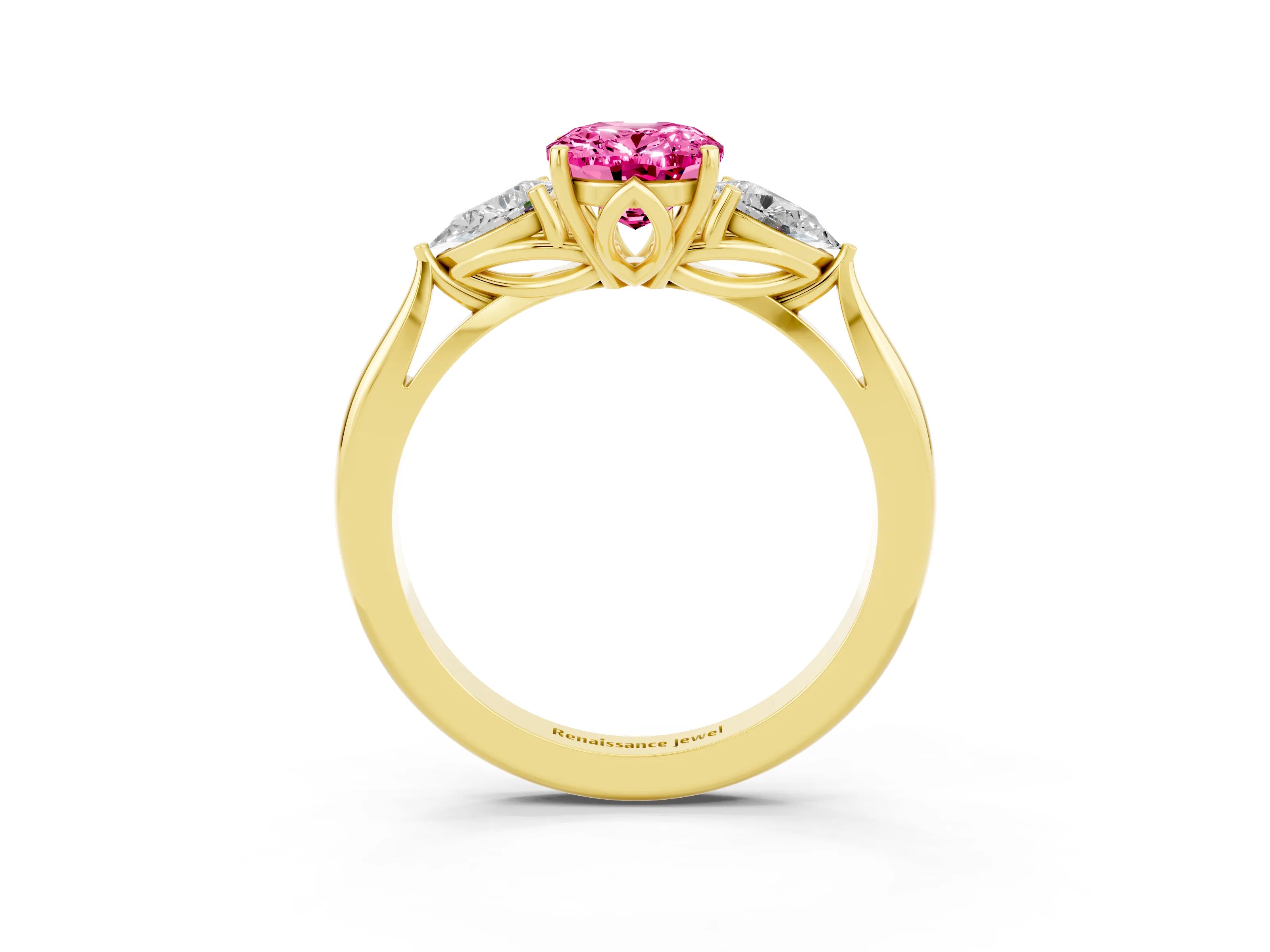 Yellow gold Three-Stone Oval Cut Cut Diamond Ring with Pear Side Stones in Four-Prong Setting_3