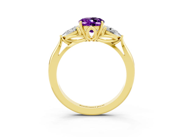 Yellow gold Three-Stone Oval Cut Amethyst Ring with Pear  Side Stones in Four-Prong Setting