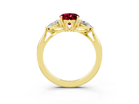 Yellow gold Three-Stone Oval Cut Cut Diamond Ring with Pear Side Stones in Four-Prong Setting_3