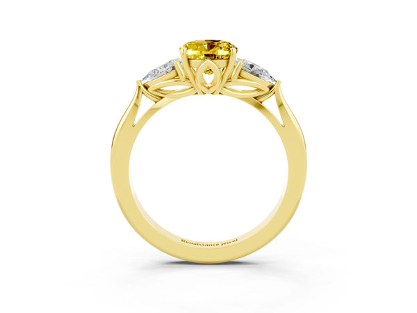Yellow gold Three-Stone Oval Cut Yellow Sapphire Ring with Pear  Side Stones in Four-Prong Setting
