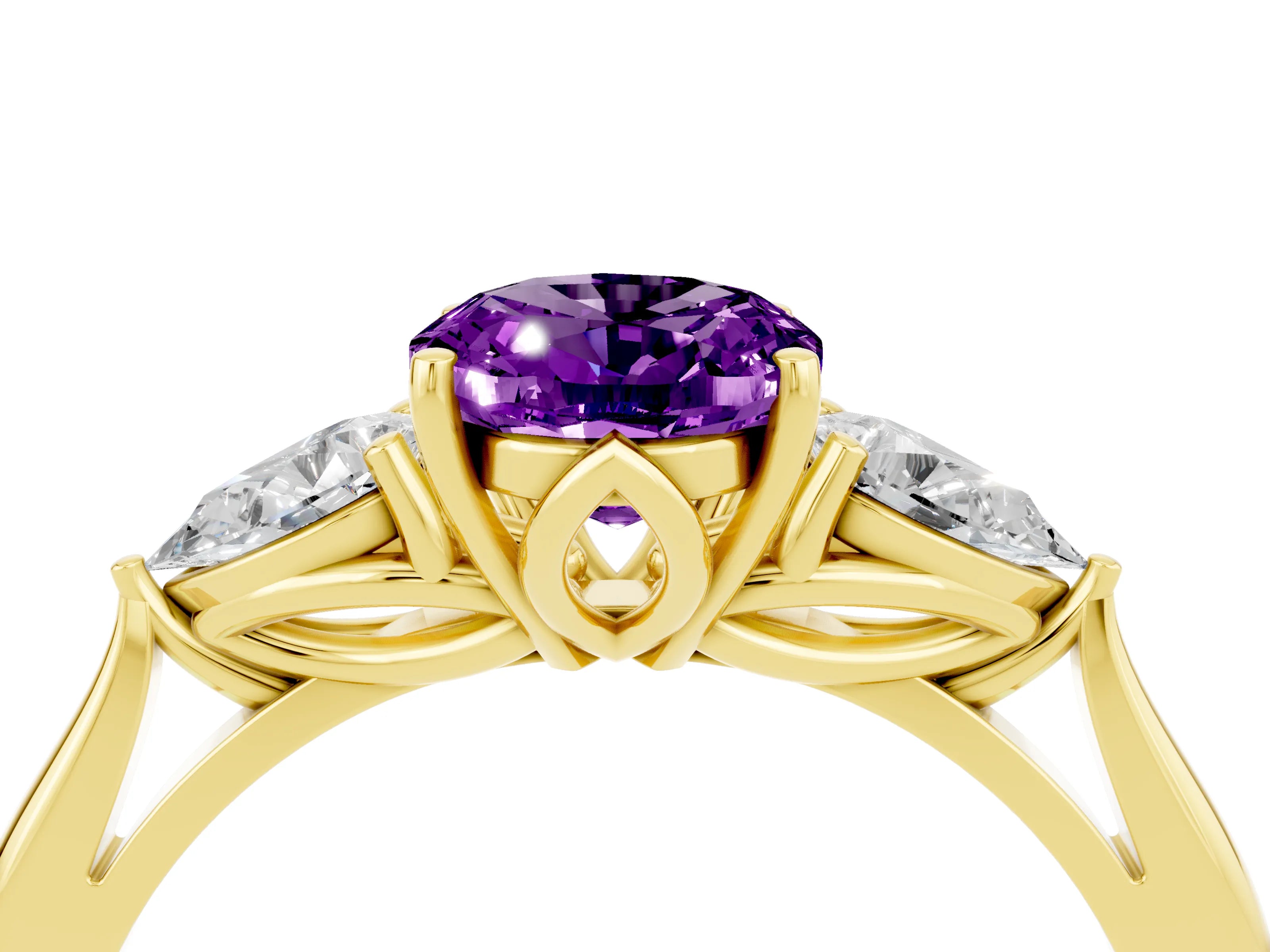 Yellow gold Three-Stone Oval Cut Cut Diamond Ring with Pear Side Stones in Four-Prong Setting_4