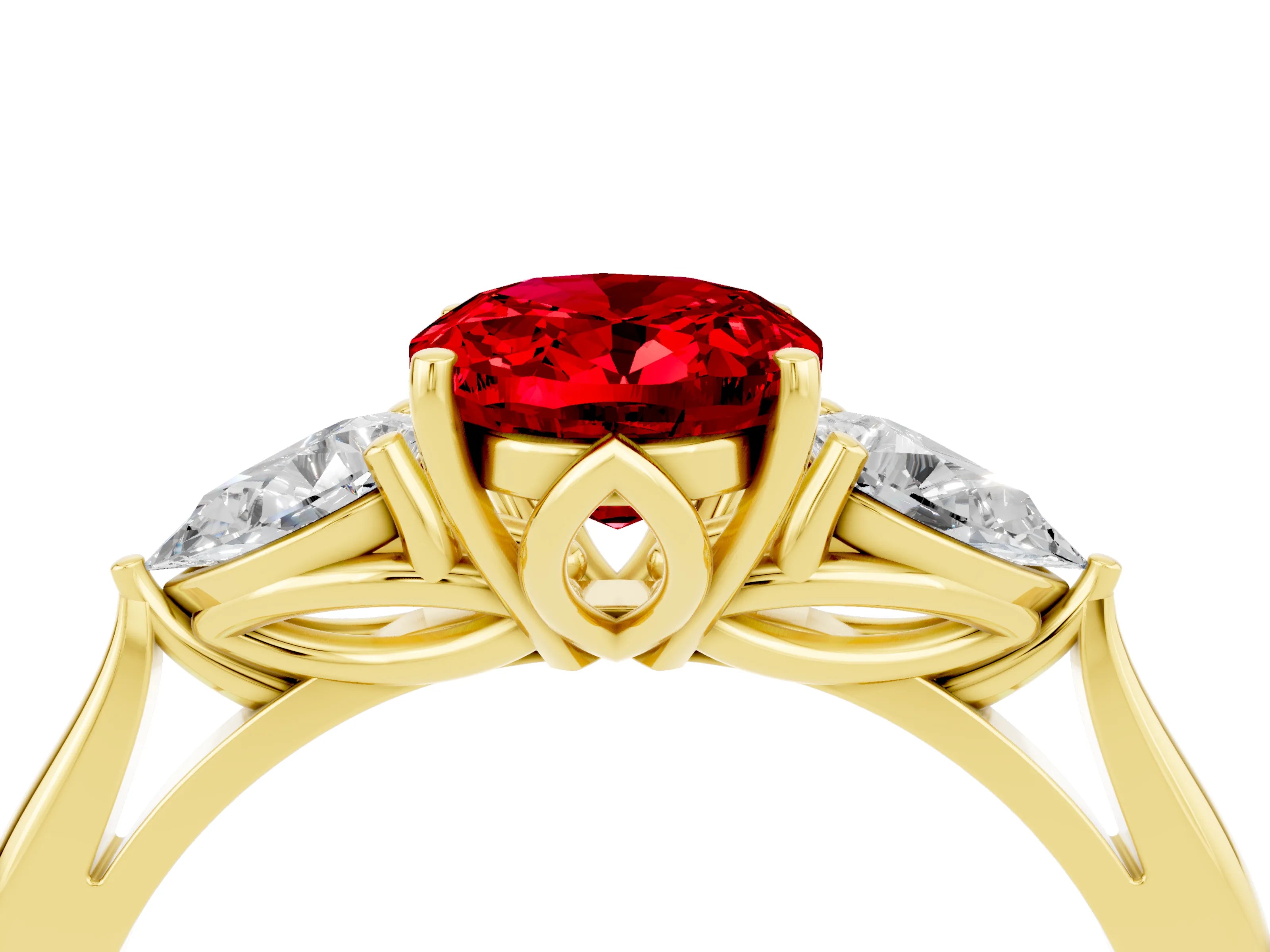 Yellow gold Three-Stone Oval Cut Cut Diamond Ring with Pear Side Stones in Four-Prong Setting_4