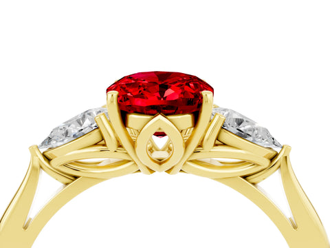 Yellow gold Three-Stone Oval Cut Cut Diamond Ring with Pear Side Stones in Four-Prong Setting_4