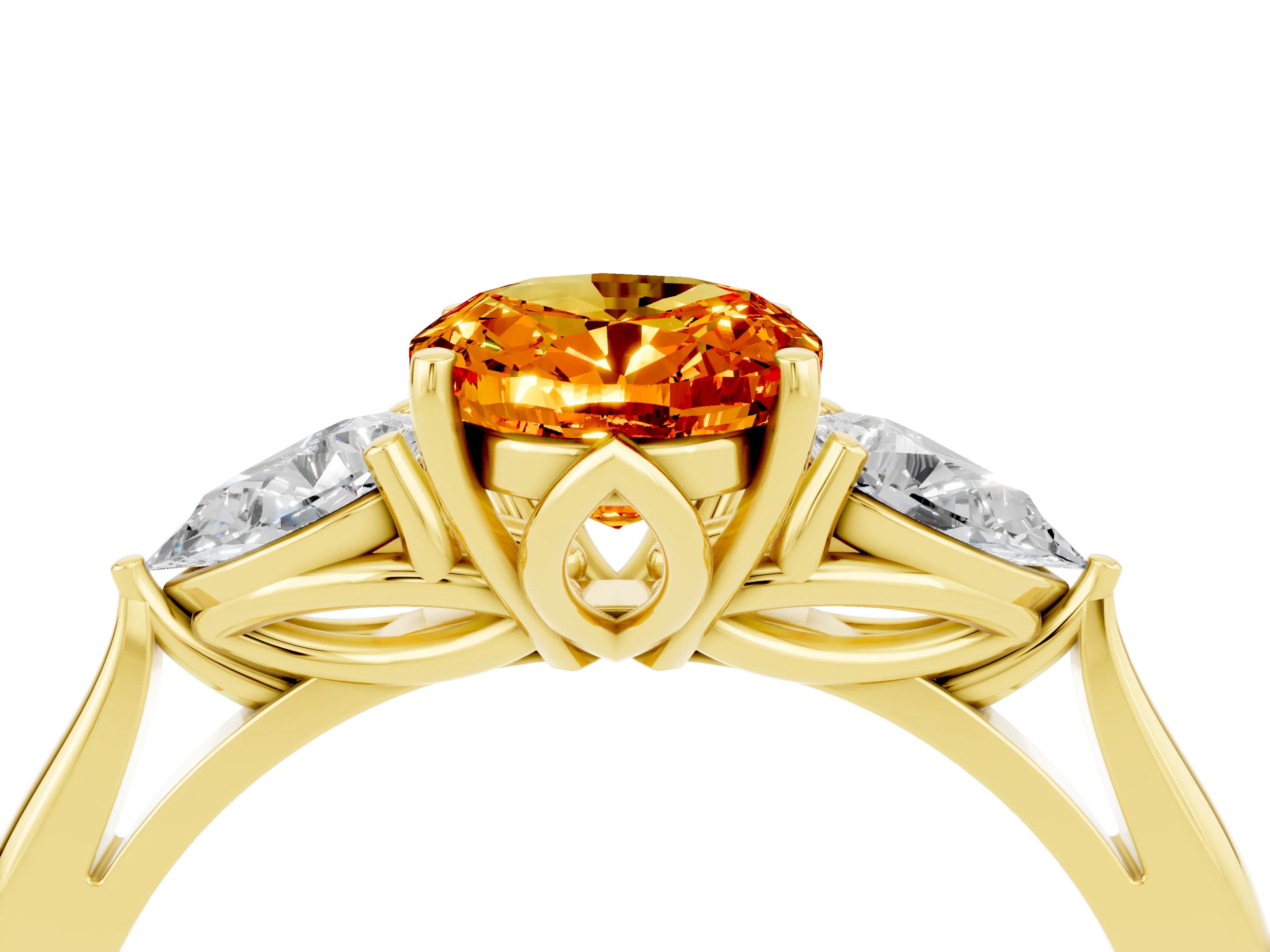 Yellow gold Three-Stone Oval Cut Cut Diamond Ring with Pear Side Stones in Four-Prong Setting_4