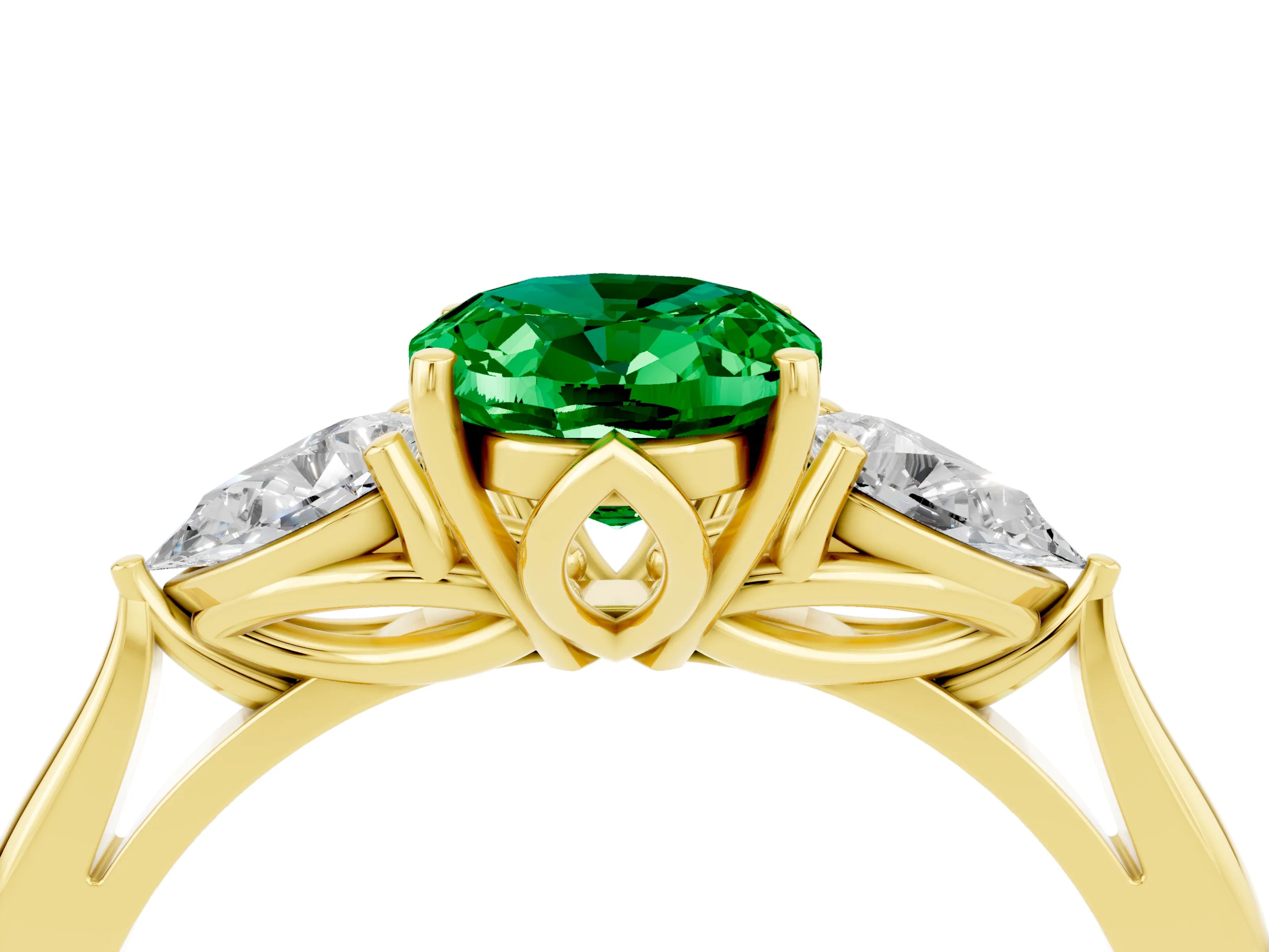 Yellow gold Three-Stone Oval Cut Cut Diamond Ring with Pear Side Stones in Four-Prong Setting_4