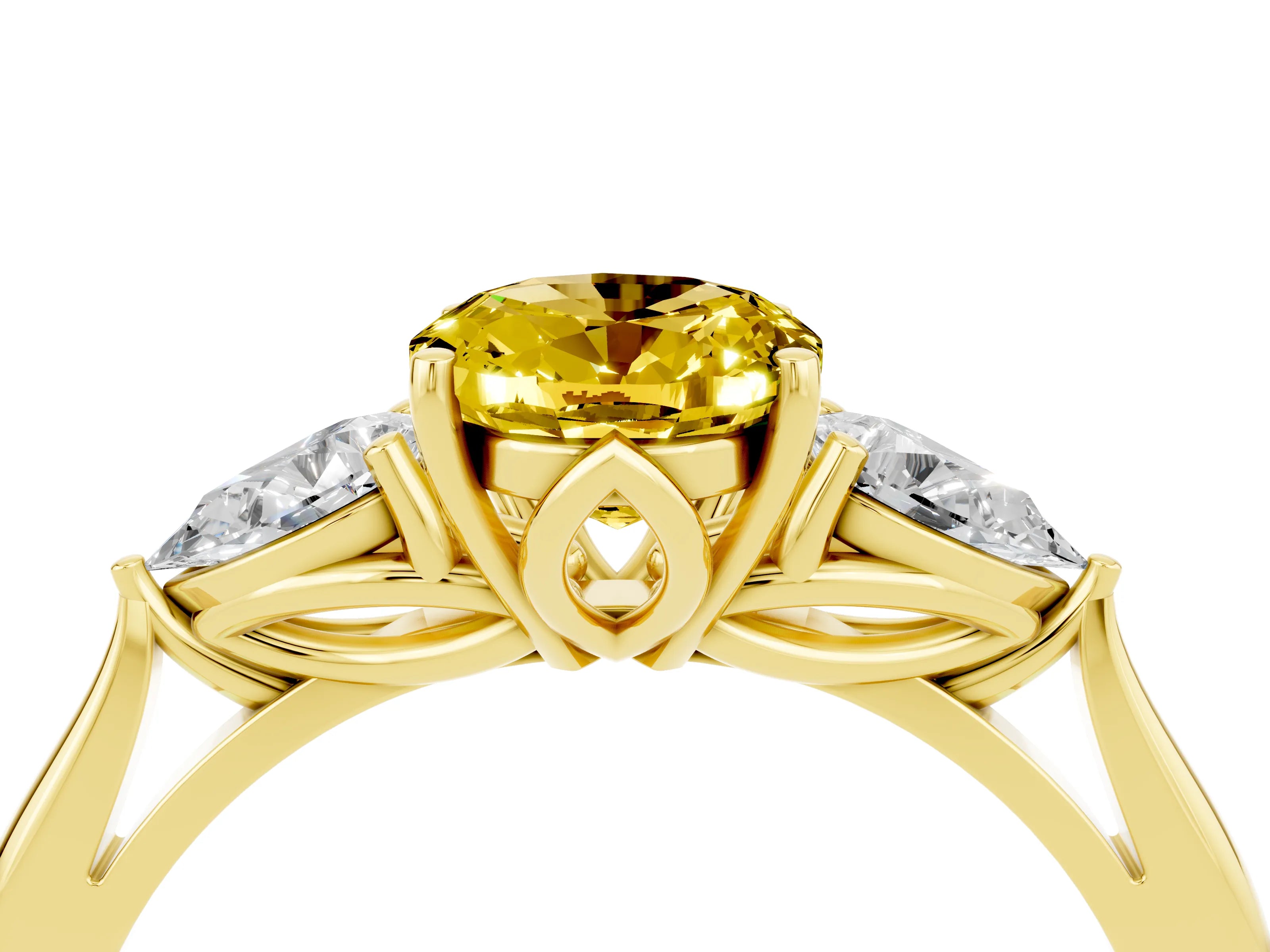 Yellow gold Three-Stone Oval Cut Cut Diamond Ring with Pear Side Stones in Four-Prong Setting_4