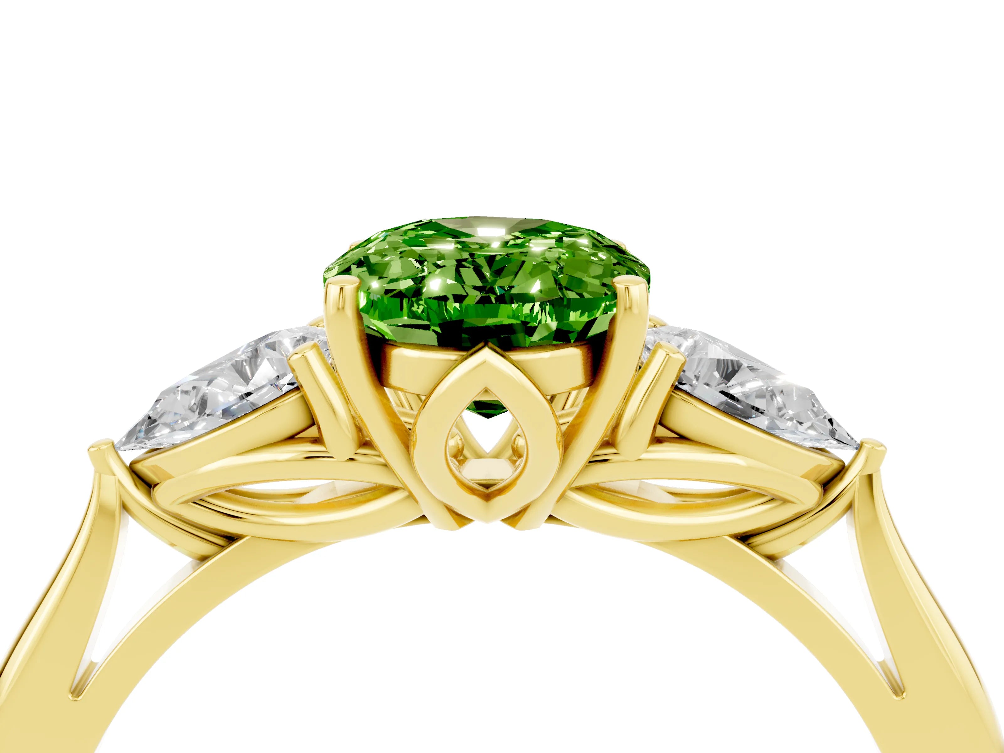 Yellow gold Three-Stone Oval Cut Cut Diamond Ring with Pear Side Stones in Four-Prong Setting_4