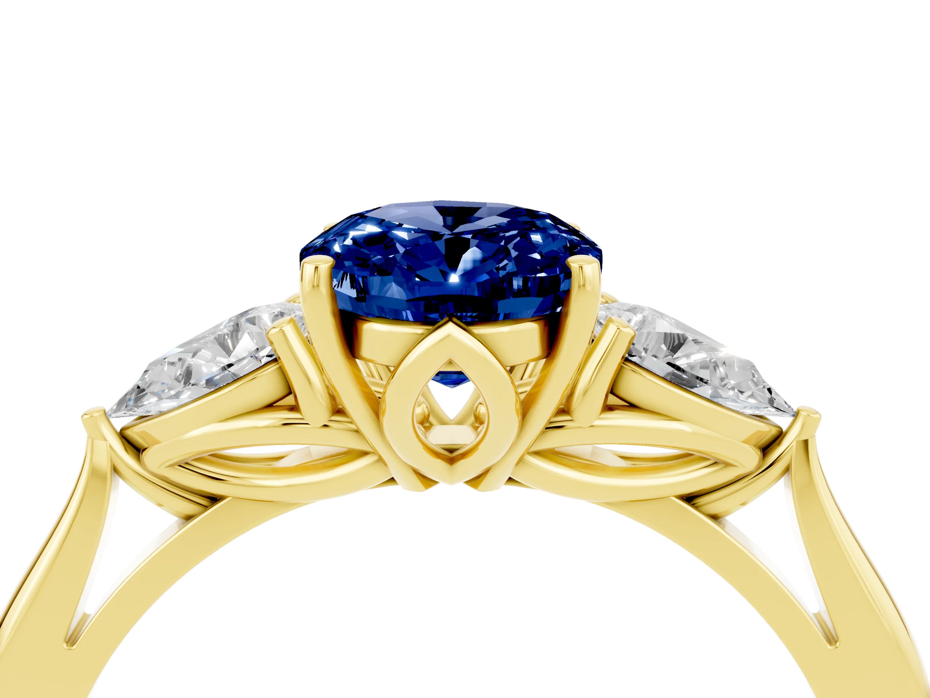 Yellow gold Three-Stone Oval Cut Cut Diamond Ring with Pear Side Stones in Four-Prong Setting_4