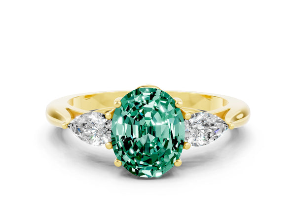 Yellow gold Three-Stone Oval Cut Green Sapphire Ring with Pear  Side Stones in Four-Prong Setting