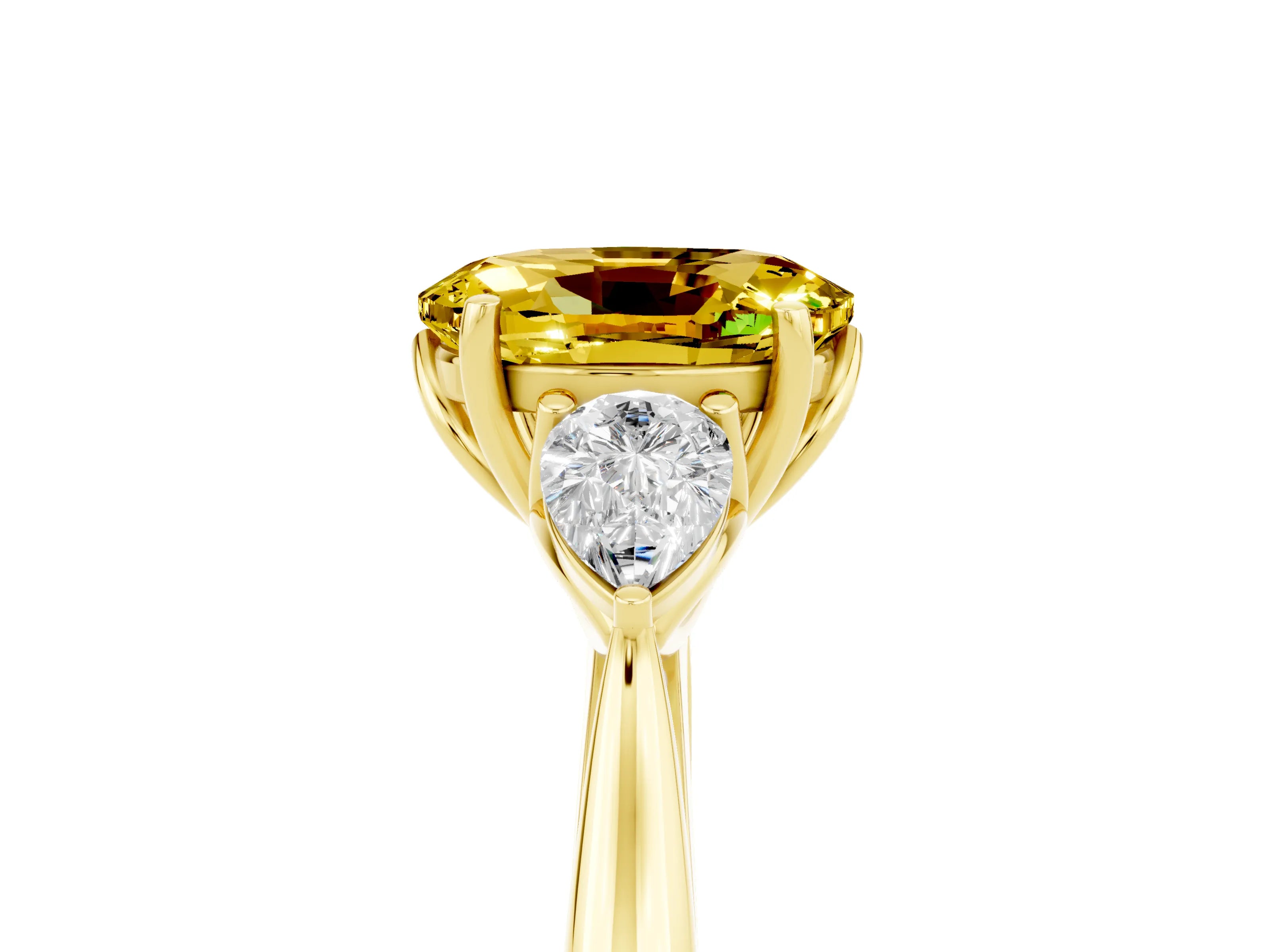 Yellow gold Three-Stone Oval Cut Cut Diamond Ring with Pear Side Stones in Four-Prong Setting_5