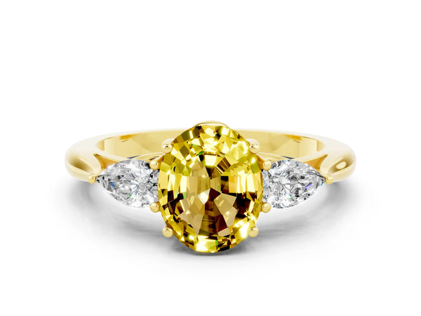 Yellow gold Three-Stone Oval Cut Yellow Sapphire Ring with Pear  Side Stones in Four-Prong Setting