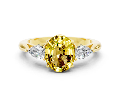 Yellow gold Three-Stone Oval Cut Cut Diamond Ring with Pear Side Stones in Four-Prong Setting