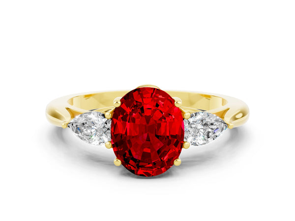 Yellow gold Three-Stone Oval Cut Cut Diamond Ring with Pear Side Stones in Four-Prong Setting