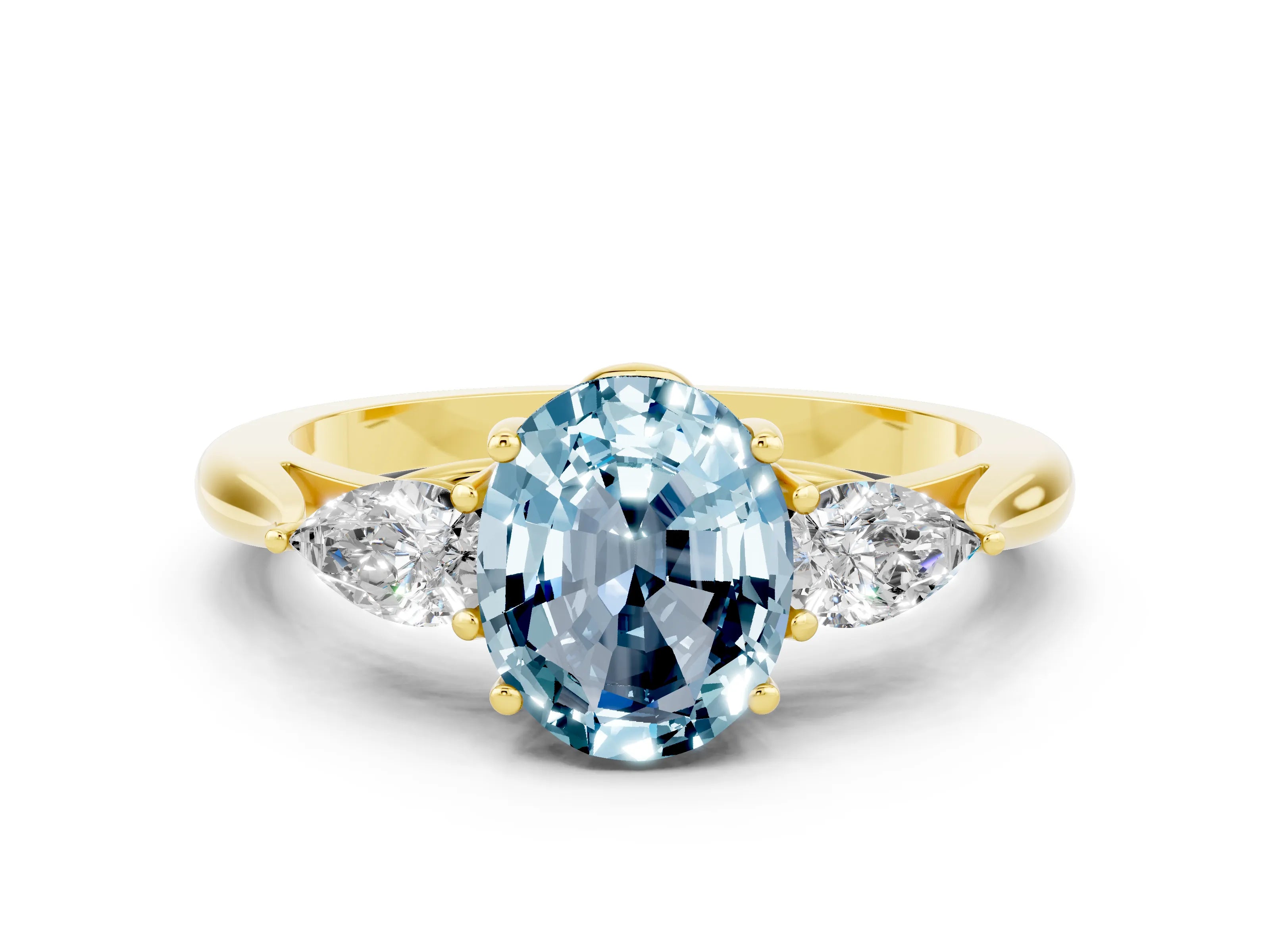 Yellow gold Three-Stone Oval Cut Cut Diamond Ring with Pear Side Stones in Four-Prong Setting