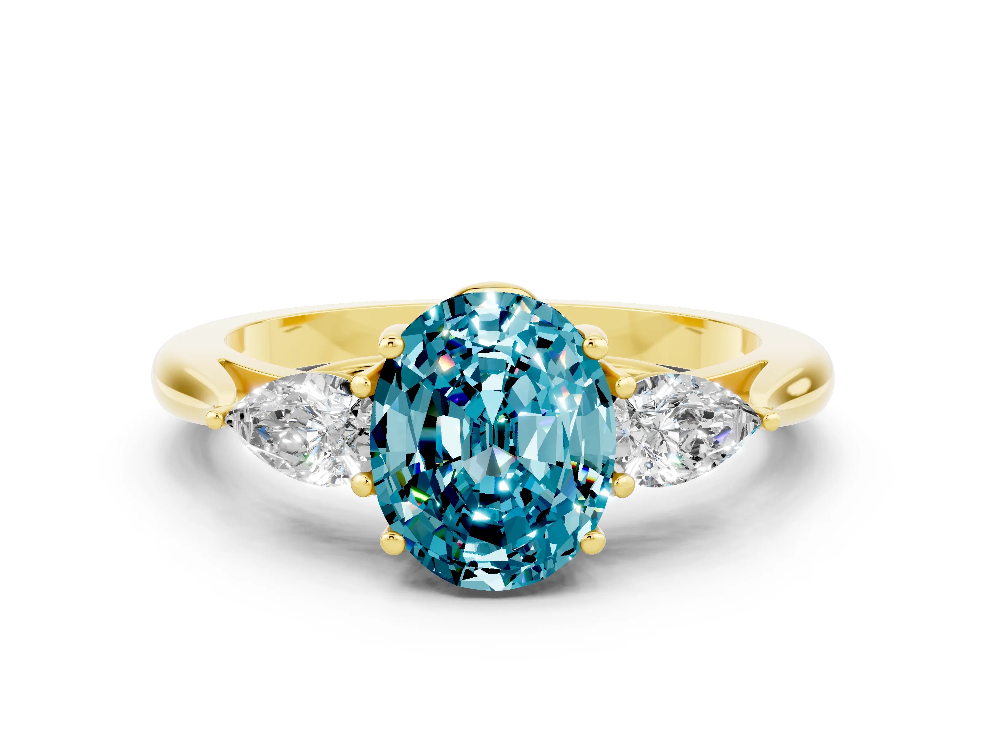 Yellow gold Three-Stone Oval Cut Cut Diamond Ring with Pear Side Stones in Four-Prong Setting