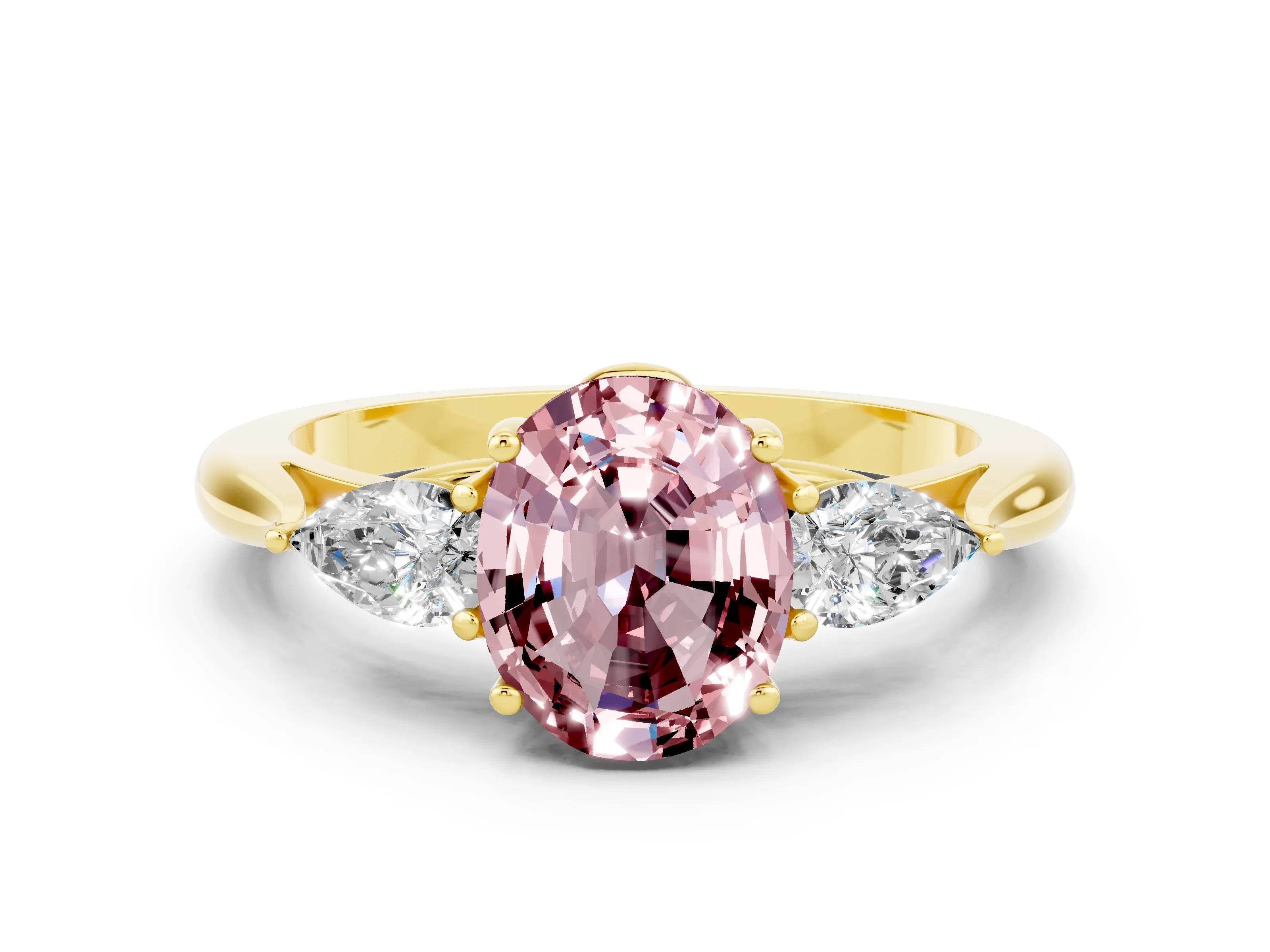 Yellow gold Three-Stone Oval Cut Cut Diamond Ring with Pear Side Stones in Four-Prong Setting