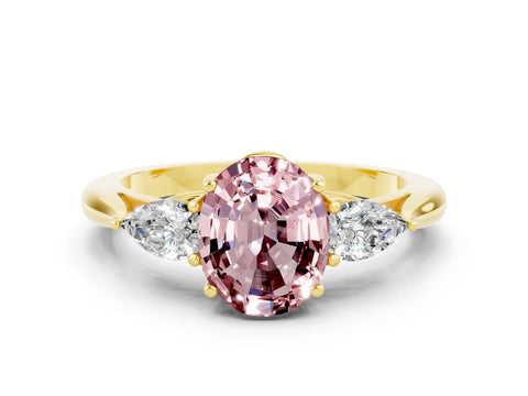 Yellow gold Three-Stone Oval Cut Cut Diamond Ring with Pear Side Stones in Four-Prong Setting
