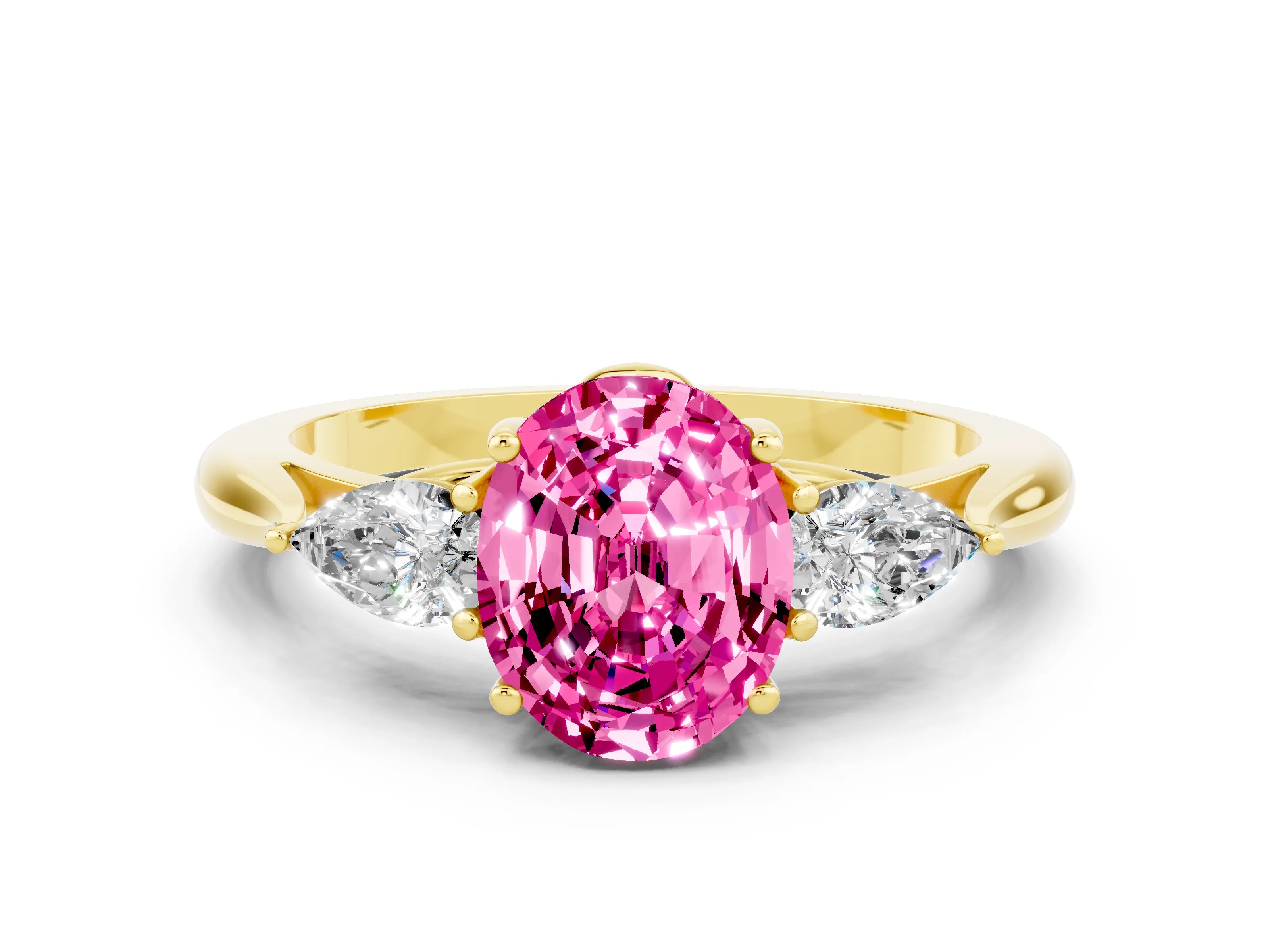 Yellow gold Three-Stone Oval Cut Cut Diamond Ring with Pear Side Stones in Four-Prong Setting