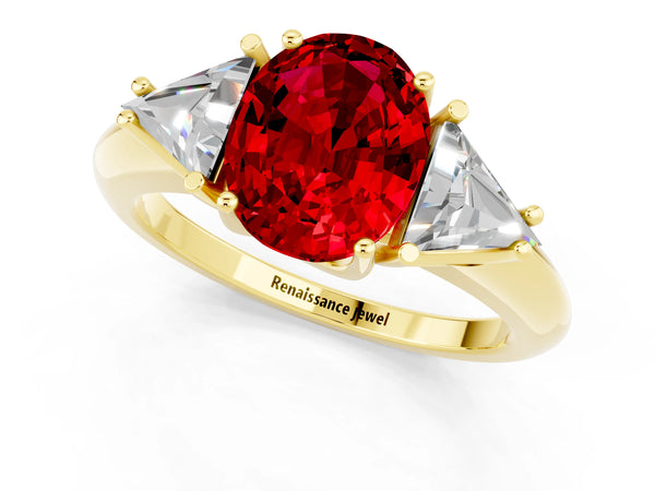 Yellow gold Three-Stone Oval Cut Cut Diamond Ring with Trillion Side Stones and Four-Prong Setting