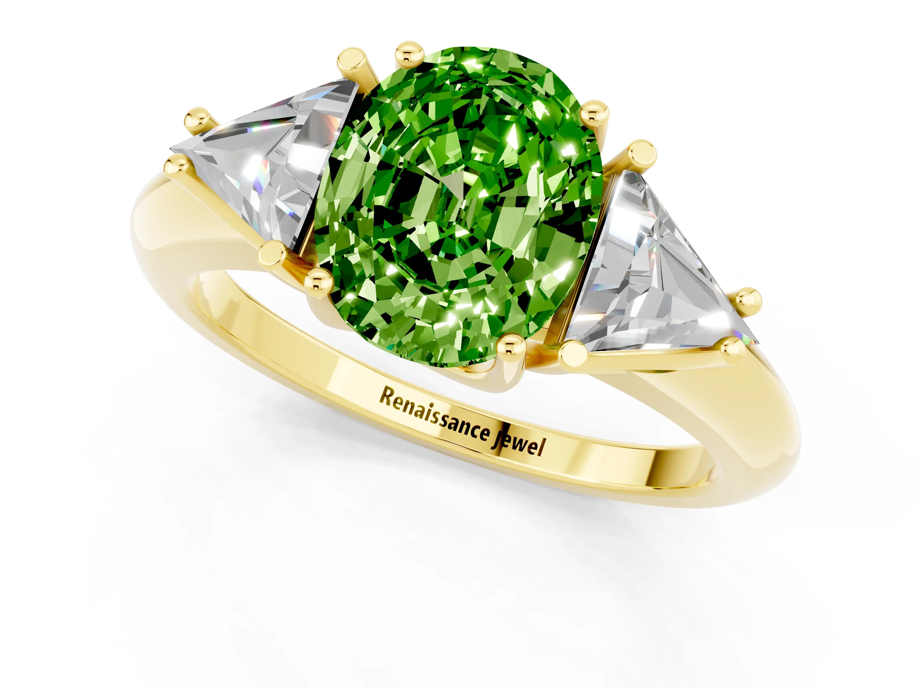 Yellow gold Three-Stone Oval Cut Cut Diamond Ring with Trillion Side Stones and Four-Prong Setting_1