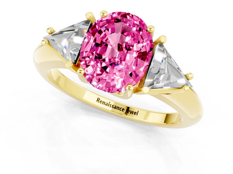 Yellow gold Three-Stone Oval Cut Cut Diamond Ring with Trillion Side Stones and Four-Prong Setting_1