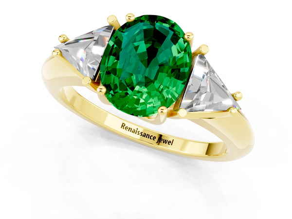 Yellow gold Three-Stone Oval Cut Emerald Engagement Ring with Trillion Side Stones and Prong Setting