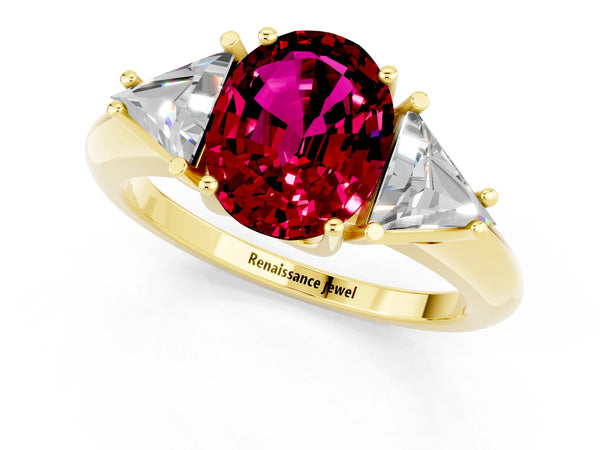 Yellow gold Three-Stone Oval Cut Garnet Engagement Ring with Trillion Side Stones and Prong Setting