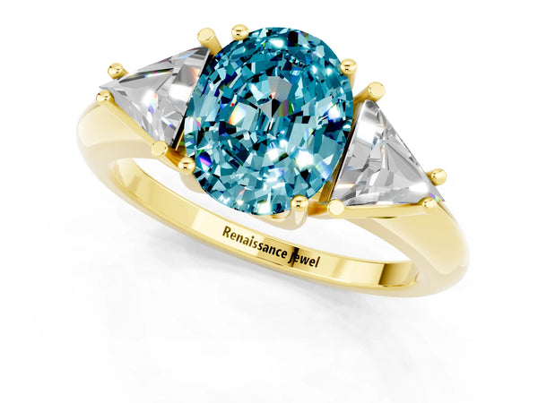 Yellow gold Three-Stone Oval Cut Cut Diamond Ring with Trillion Side Stones and Four-Prong Setting