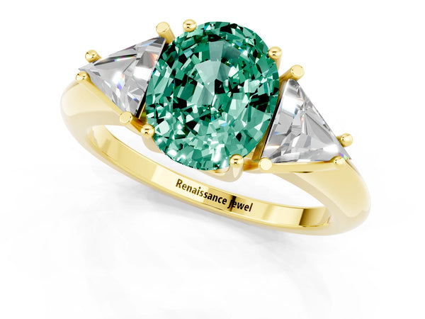 Yellow gold Three-Stone Oval Cut Cut Diamond Ring with Trillion Side Stones and Four-Prong Setting