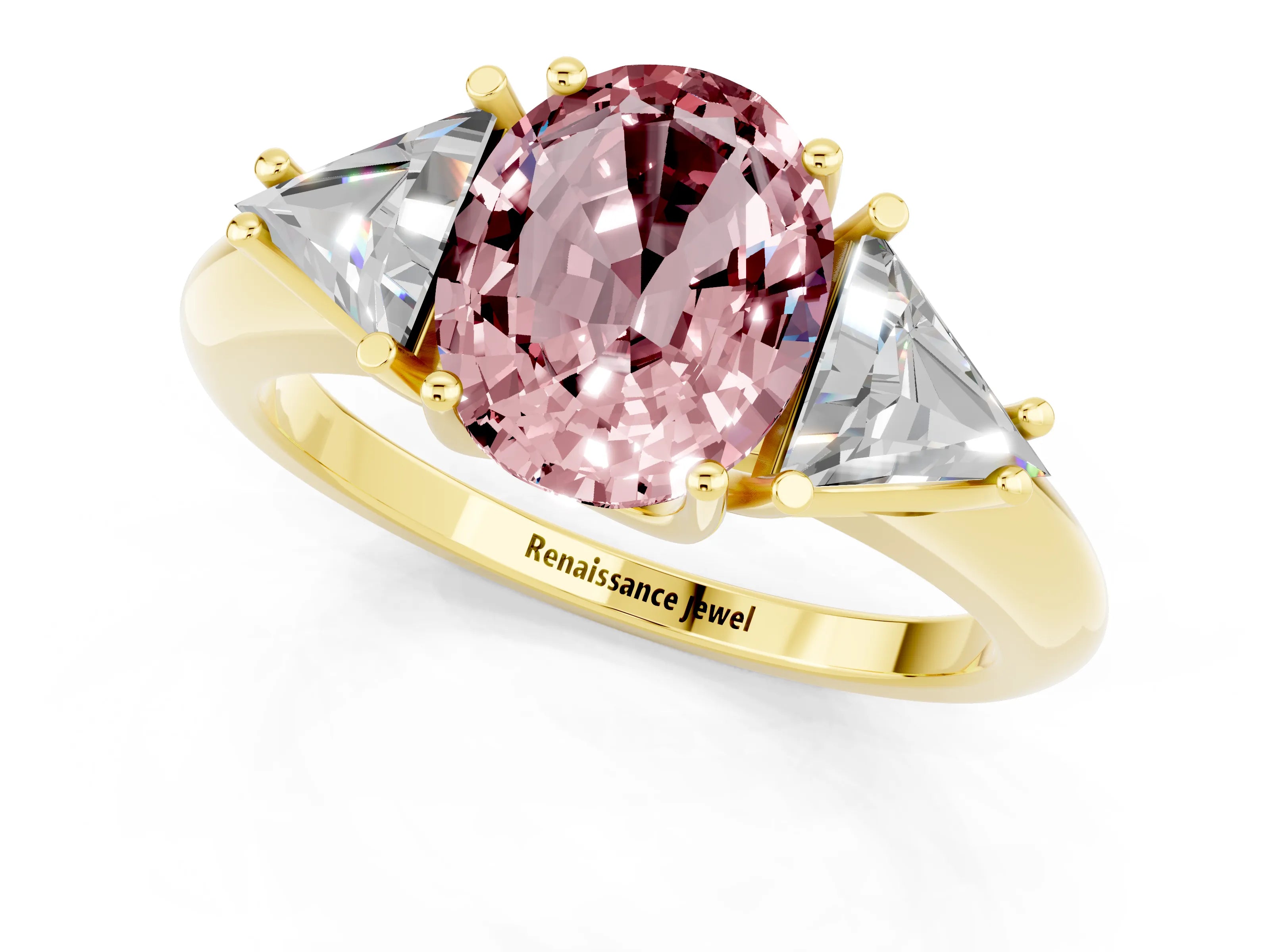 Yellow gold Three-Stone Oval Cut Cut Diamond Ring with Trillion Side Stones and Four-Prong Setting_1
