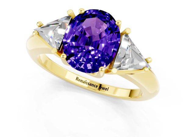 Yellow gold Three-Stone Oval Cut Tanzanite Engagement Ring with Trillion Side Stones and Prong Setting