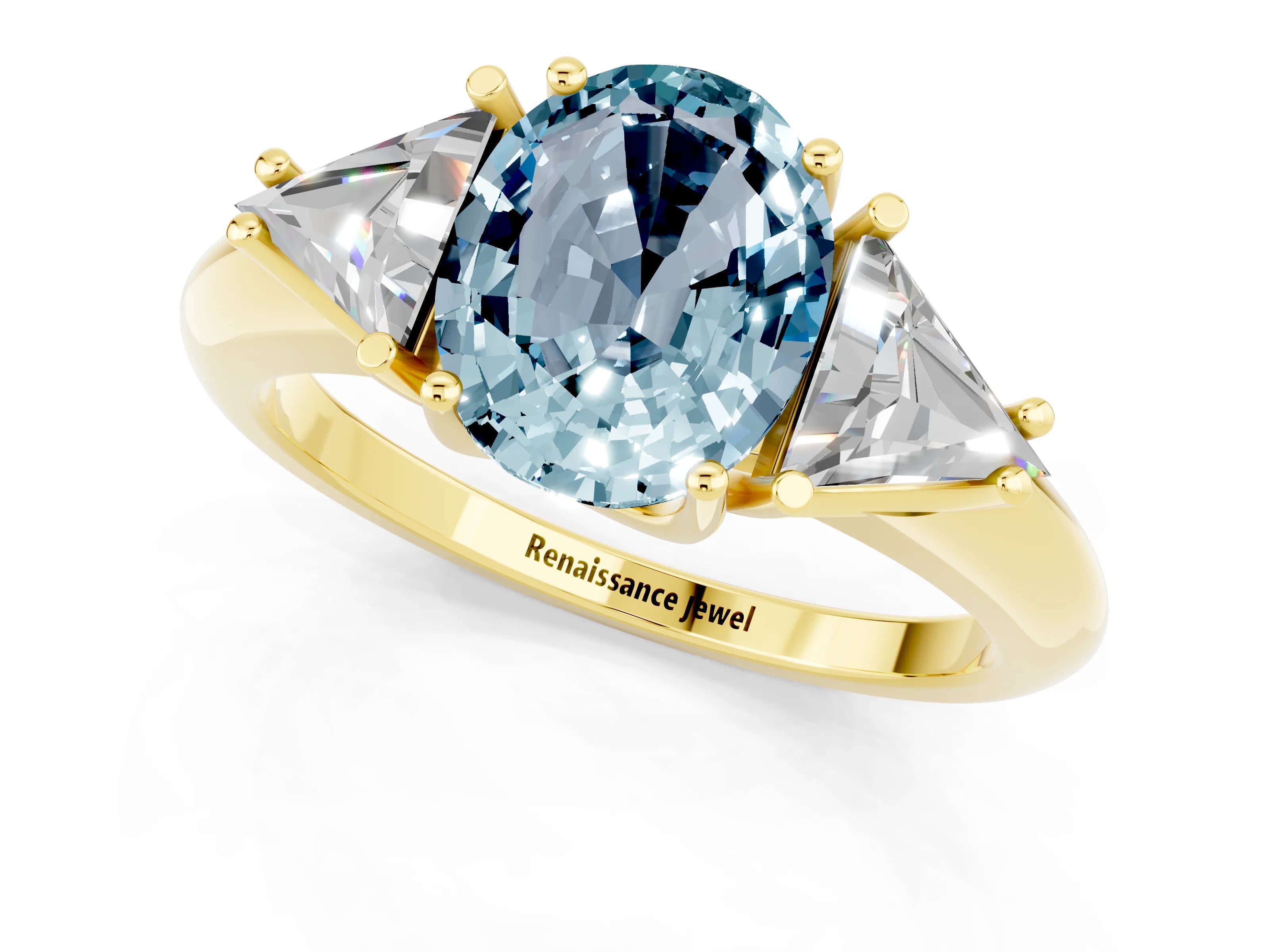 Yellow gold Three-Stone Oval Cut Cut Diamond Ring with Trillion Side Stones and Four-Prong Setting_1