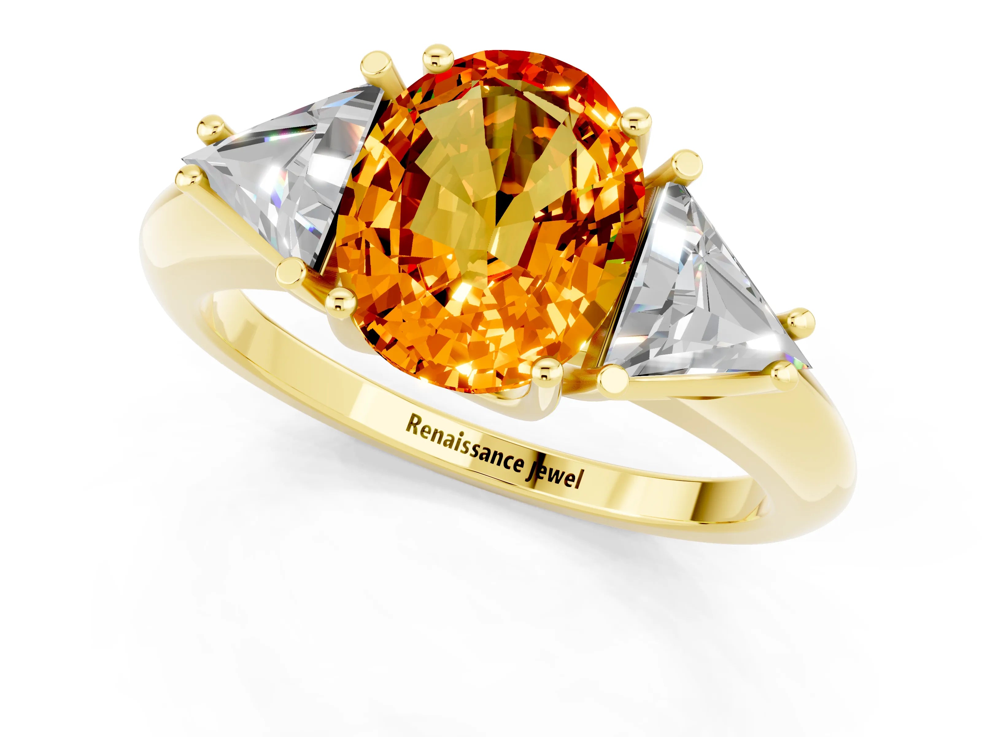 Yellow gold Three-Stone Oval Cut Cut Diamond Ring with Trillion Side Stones and Four-Prong Setting_1