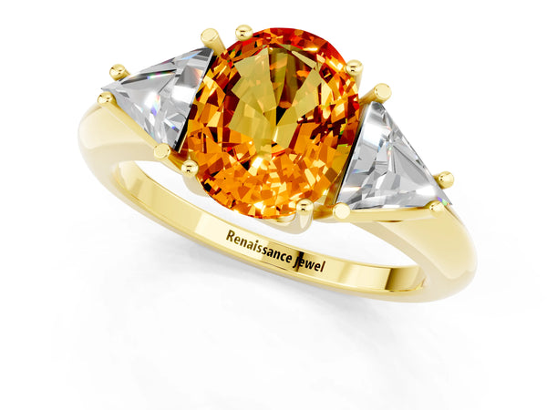 Yellow gold Three-Stone Oval Cut Citrine Engagement Ring with Trillion Side Stones and Prong Setting