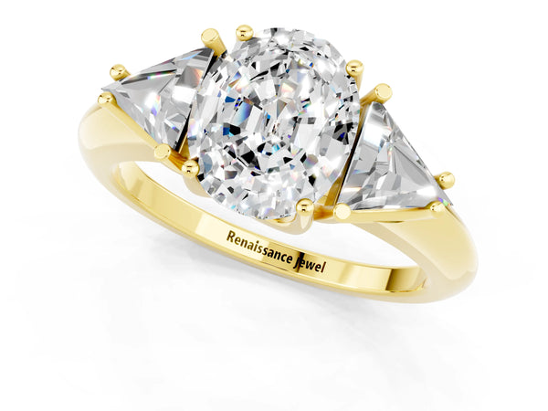 Yellow gold Three-Stone Oval Cut Moissanite Engagement Ring with Trillion Side Stones and Prong Setting