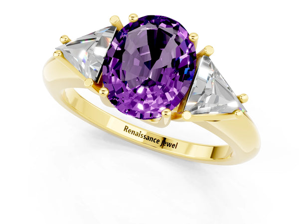 Yellow gold Three-Stone Oval Cut Amethyst Engagement Ring with Trillion Side Stones and Prong Setting