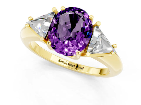 Yellow gold Three-Stone Oval Cut Cut Diamond Ring with Trillion Side Stones and Four-Prong Setting_1