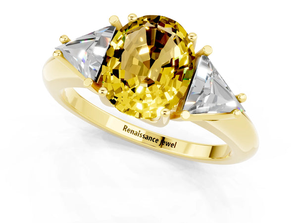 Yellow gold Three-Stone Oval Cut Yellow Sapphire Engagement Ring with Trillion Side Stones and Prong Setting