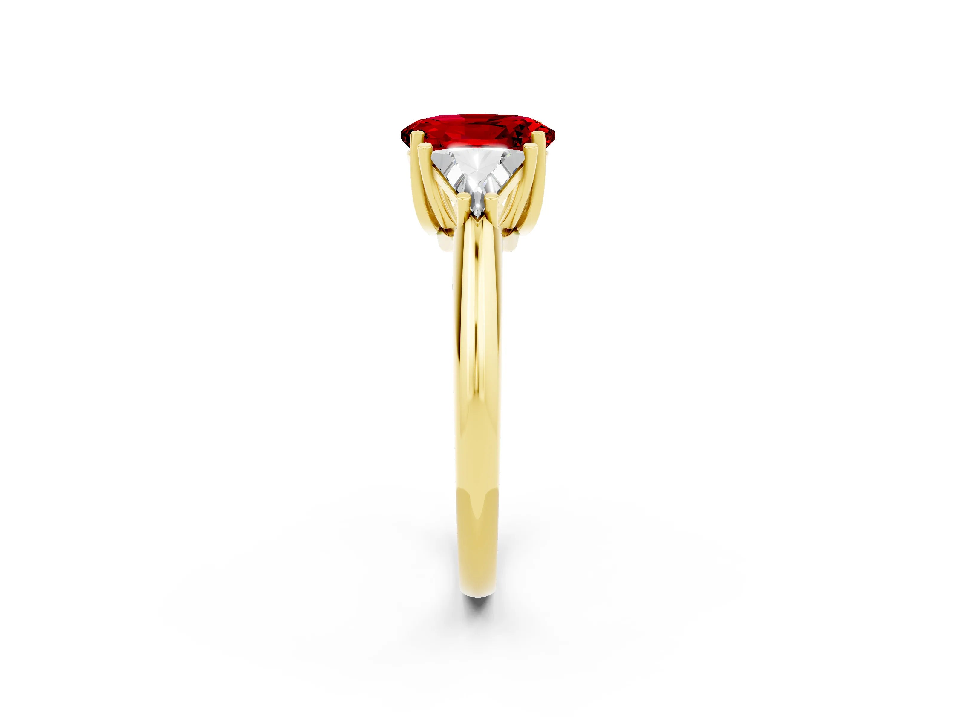 Yellow gold Three-Stone Oval Cut Cut Diamond Ring with Trillion Side Stones and Four-Prong Setting_2
