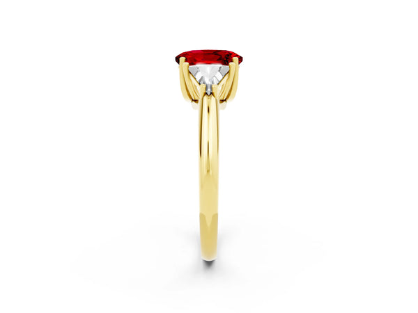 Yellow gold Three-Stone Oval Cut Cut Diamond Ring with Trillion Side Stones and Four-Prong Setting