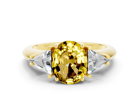 Yellow gold Three-Stone Oval Cut Cut Diamond Ring with Trillion Side Stones and Four-Prong Setting