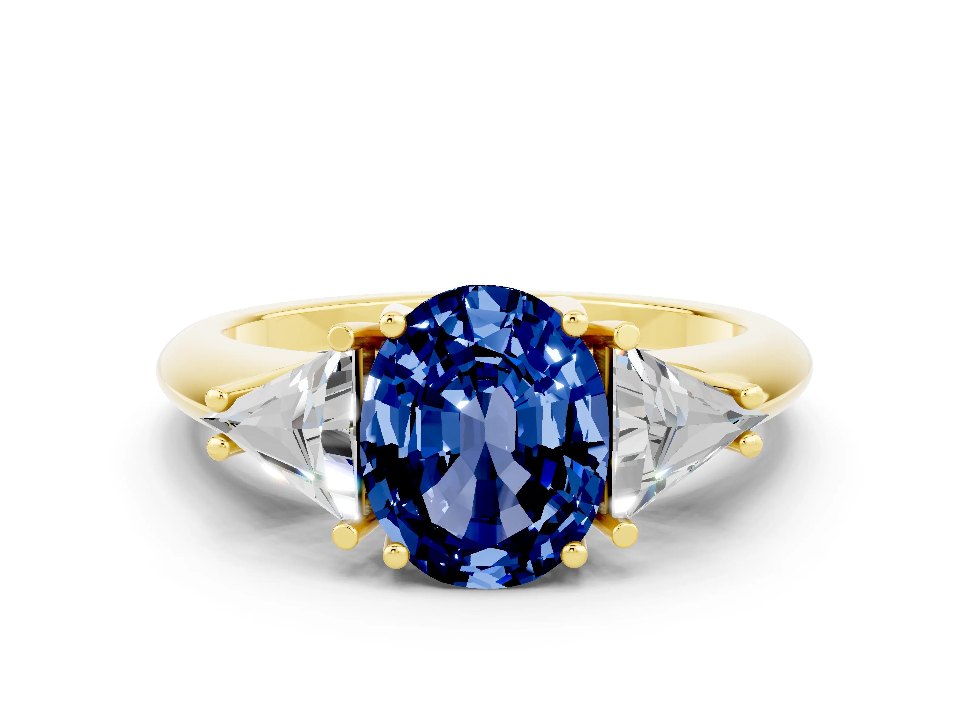 Yellow gold Three-Stone Oval Cut Cut Diamond Ring with Trillion Side Stones and Four-Prong Setting