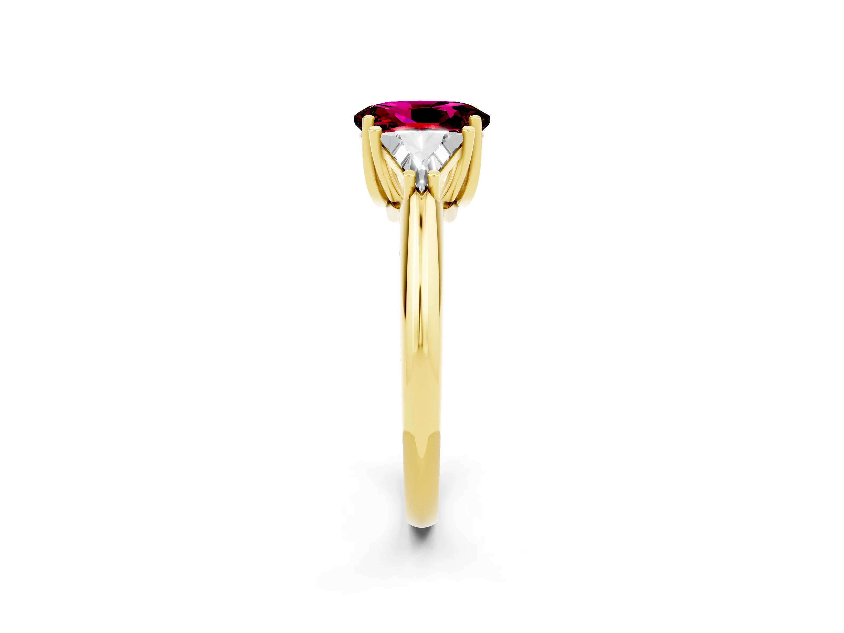Yellow gold Three-Stone Oval Cut Cut Diamond Ring with Trillion Side Stones and Four-Prong Setting_2