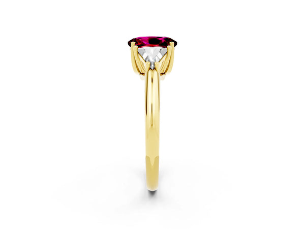 Yellow gold Three-Stone Oval Cut Garnet Engagement Ring with Trillion Side Stones and Prong Setting